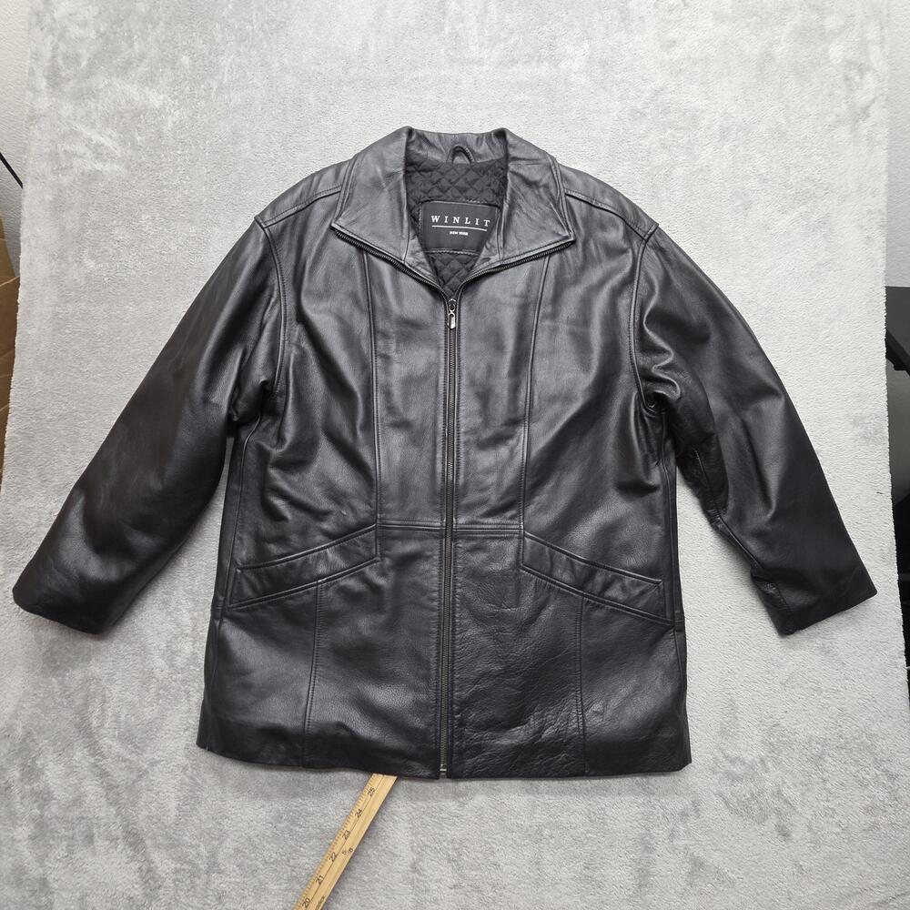 WINLIT Jacket Mens M Black Leather Biker Quilted Lined Insulated Mid-Length